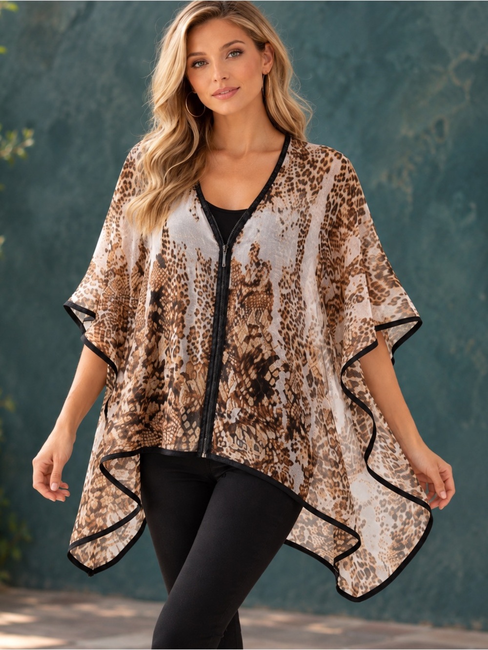 Alberto Makali Sheer Animal Print Zip-Front Poncho Top – Size S (NWT)